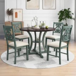 5-Piece Wood Round Dining Table and Chair Set with Special-Shaped Legs by JASMODER -JASMODER Sales Store antique blue jasmoder dining room sets st000056aac 31 1000