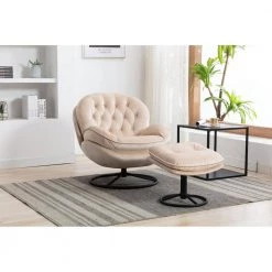 Beige Velvet Swivel and Tufted Barrel Chair with Ottoman Set by JASMODER -JASMODER Sales Store beige jasmoder accent chairs w67628189 31 1000