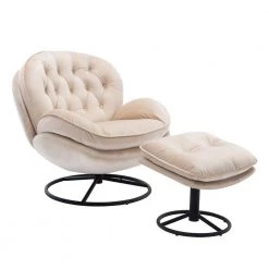 Beige Velvet Swivel and Tufted Barrel Chair with Ottoman Set by JASMODER