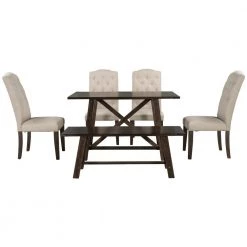 Mid-Century 6-Piece Dining Table Set, Wood Kitchen Table Set with 4-Upholstered Dining Chairs and 1-Bench by JASMODER -JASMODER Sales Store beige jasmoder dining room sets sh000185aaa 44 1000