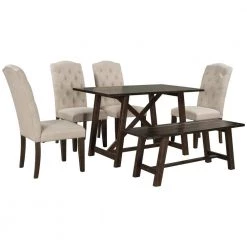 Mid-Century 6-Piece Dining Table Set, Wood Kitchen Table Set with 4-Upholstered Dining Chairs and 1-Bench by JASMODER