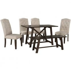 Mid-Century 6-Piece Dining Table Set, Wood Kitchen Table Set with 4-Upholstered Dining Chairs and 1-Bench by JASMODER -JASMODER Sales Store beige jasmoder dining room sets sh000185aaa fa 1000