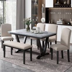 6-Person Modern Wood Style Dining Table with 4-Chairs and a Bench, Table with Marbled Veneer by JASMODER -JASMODER Sales Store beige jasmoder dining room sets st000057aak 31 1000