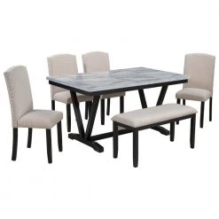 6-Person Modern Wood Style Dining Table with 4-Chairs and a Bench, Table with Marbled Veneer by JASMODER