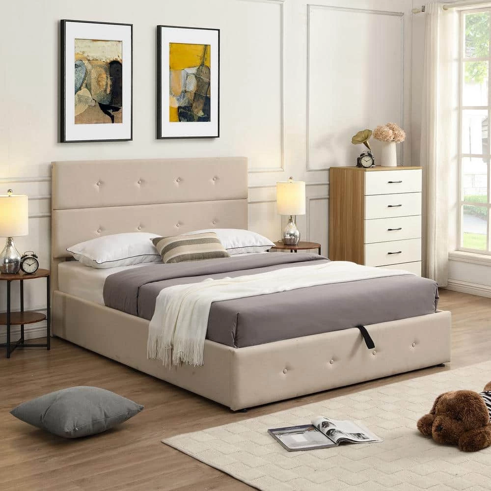 57.5 in. W Beige Full Frame Platform Bed by JASMODER 3 57.5 in. W Beige Full Frame Platform Bed by JASMODER