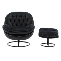 Black Velvet Swivel and Tufted Barrel Chair with Ottoman Set by JASMODER