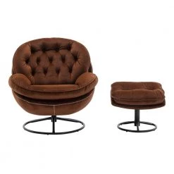 Brown Velvet Swivel and Tufted Barrel Chair with Ottoman Set by JASMODER