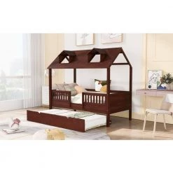 42.9 in. W Brown Twin Frame Canopy Bed House Bed with Trundle by JASMODER -JASMODER Sales Store brown jasmoder canopy beds lp000085aap 31 1000