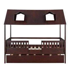 42.9 in. W Brown Twin Frame Canopy Bed House Bed with Trundle by JASMODER -JASMODER Sales Store brown jasmoder canopy beds lp000085aap 44 1000