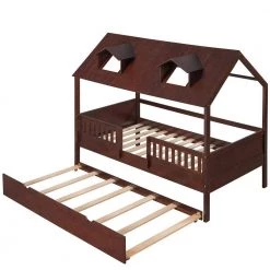 42.9 in. W Brown Twin Frame Canopy Bed House Bed with Trundle by JASMODER -JASMODER Sales Store brown jasmoder canopy beds lp000085aap 4f 1000