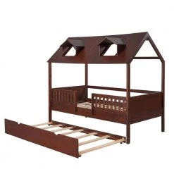 42.9 in. W Brown Twin Frame Canopy Bed House Bed with Trundle by JASMODER