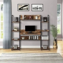 63 in. Brown Computer Desk with Hutch and Bookshelves by JASMODER -JASMODER Sales Store brown jasmoder computer desks wf198330aat 76 1000