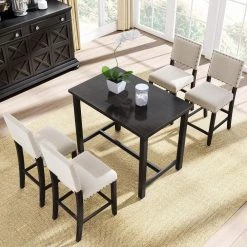 5-Piece Rustic Wooden Counter Height Dining Table Set with 4-Upholstered Chairs for Small Places, Espressoplus Beige by JASMODER 15 5-Piece Rustic Wooden Counter Height Dining Table Set with 4-Upholstered Chairs for Small Places, Espressoplus Beige by JASMODER -JASMODER Sales Store brown jasmoder dining room sets sh000158aae fa 1000