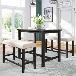 3 Pieces Rustic Wooden Counter Height Dining Table Set with 2 Upholstered Benches by JASMODER