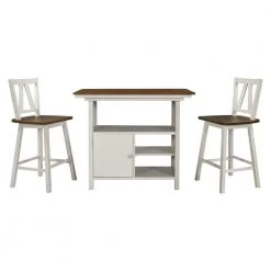 Farmhouse 3-Piece Counter Height Dining Table Set, Wooden Kitchen Table Set with Storage Cabinet and Shelves by JASMODER