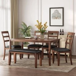 6-Piece Kitchen Simple Wooden Dining Table and Chair with Bench, PU Cushion by JASMODER 19 6-Piece Kitchen Simple Wooden Dining Table and Chair with Bench, PU Cushion by JASMODER -JASMODER Sales Store brown jasmoder dining room sets st000016aad 31 1000