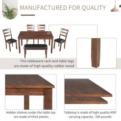 6-Piece Kitchen Simple Wooden Dining Table and Chair with Bench, PU Cushion by JASMODER 16 6-Piece Kitchen Simple Wooden Dining Table and Chair with Bench, PU Cushion by JASMODER -JASMODER Sales Store brown jasmoder dining room sets st000016aad 44 1000