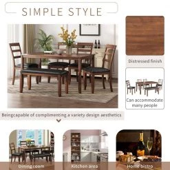 6-Piece Kitchen Simple Wooden Dining Table and Chair with Bench, PU Cushion by JASMODER 17 6-Piece Kitchen Simple Wooden Dining Table and Chair with Bench, PU Cushion by JASMODER -JASMODER Sales Store brown jasmoder dining room sets st000016aad fa 1000