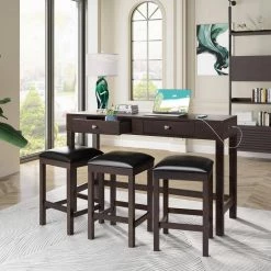 Built-In Power Sockets 4 Pieces Bar Dining Table Set with Fabric Padded Stools by JASMODER