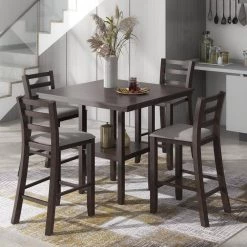 5-Piece Wood Counter Height Dining Set with Padded Chairs and Storage Shelving by JASMODER -JASMODER Sales Store espresso jasmoder dining room sets st000033aap 40 1000