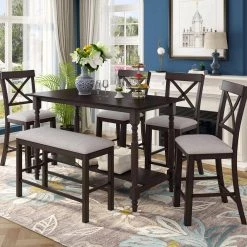 6-Pieces Wood Counter Height Dining Table Set Table with Shelf 4-Chairs and Bench by JASMODER 19 6-Pieces Wood Counter Height Dining Table Set Table with Shelf 4-Chairs and Bench by JASMODER -JASMODER Sales Store espresso jasmoder dining room sets st000058aap 31 1000