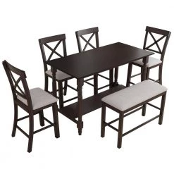 6-Pieces Wood Counter Height Dining Table Set Table with Shelf 4-Chairs and Bench by JASMODER