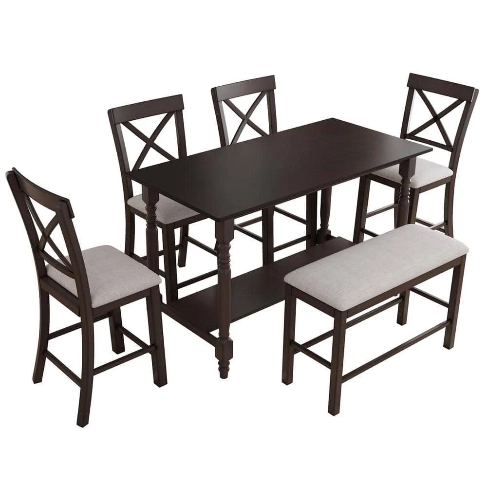 6-Pieces Wood Counter Height Dining Table Set Table with Shelf 4-Chairs and Bench by JASMODER 3 6-Pieces Wood Counter Height Dining Table Set Table with Shelf 4-Chairs and Bench by JASMODER