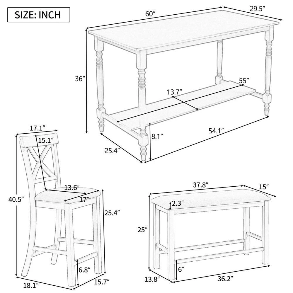 6-Pieces Wood Counter Height Dining Table Set Table with Shelf 4-Chairs and Bench by JASMODER 10 6-Pieces Wood Counter Height Dining Table Set Table with Shelf 4-Chairs and Bench by JASMODER - Image 8