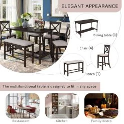 6-Pieces Wood Counter Height Dining Table Set Table with Shelf 4-Chairs and Bench by JASMODER 17 6-Pieces Wood Counter Height Dining Table Set Table with Shelf 4-Chairs and Bench by JASMODER -JASMODER Sales Store espresso jasmoder dining room sets st000058aap fa 1000