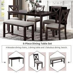 6-Piece Kitchen Dining Table Set Wooden Rectangular Dining Table, 4-Dining Chair and Bench Family Furniture by JASMODER -JASMODER Sales Store espresso jasmoder dining room sets st000061aap 44 1000