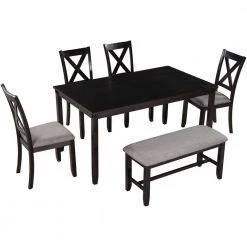 6-Piece Kitchen Dining Table Set Wooden Rectangular Dining Table, 4-Dining Chair and Bench Family Furniture by JASMODER