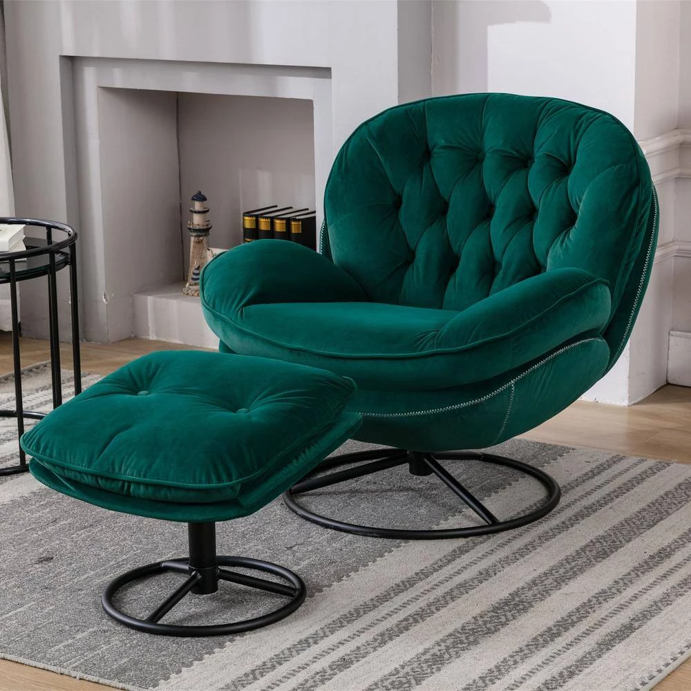 Forest Green Velvet Swivel and Tufted Barrel Chair with Ottoman Set by JASMODER 11 Forest Green Velvet Swivel and Tufted Barrel Chair with Ottoman Set by JASMODER - Image 9