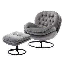 Gray Velvet Swivel and Tufted Barrel Chair with Ottoman Set by JASMODER