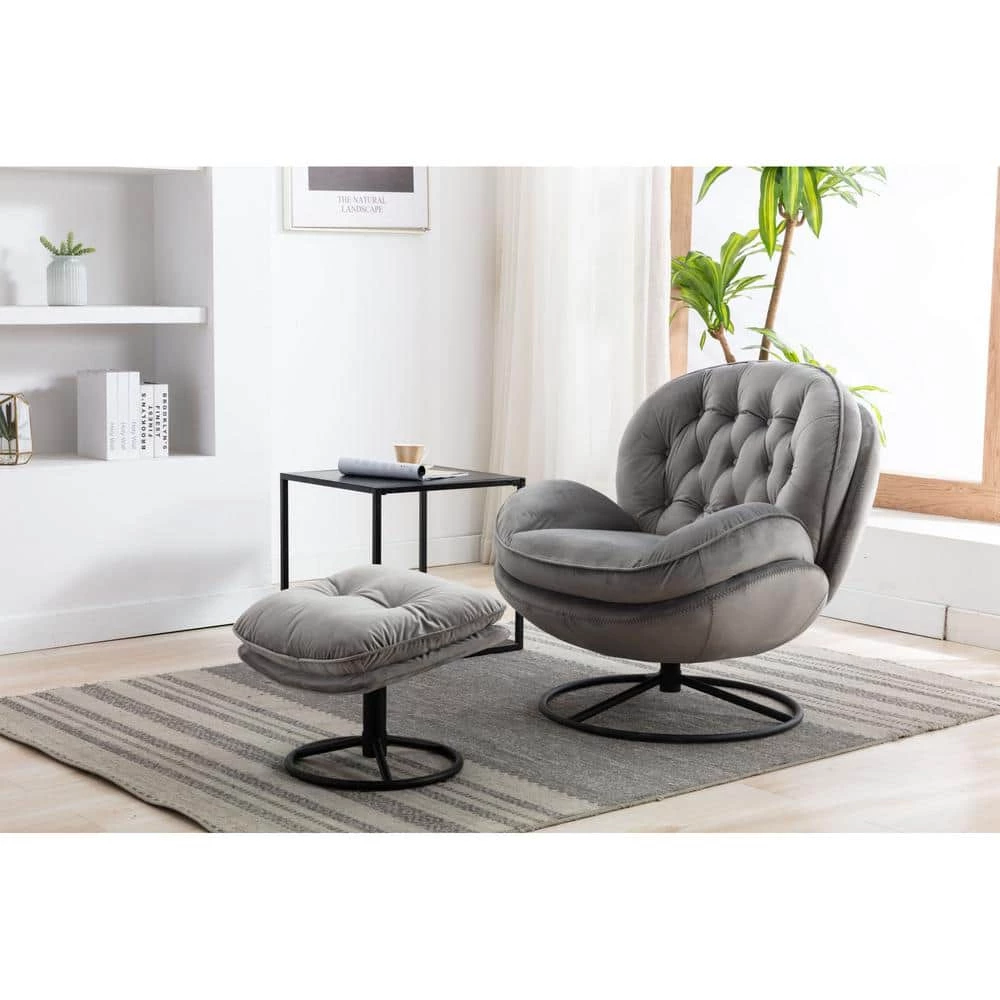 Gray Velvet Swivel and Tufted Barrel Chair with Ottoman Set by JASMODER 10 Gray Velvet Swivel and Tufted Barrel Chair with Ottoman Set by JASMODER - Image 8