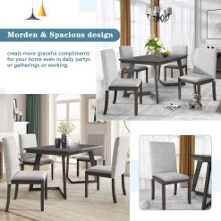 5-Piece Dining Set, Wood Rectangular Table with 4-Linen Fabric Chairs by JASMODER 16 5-Piece Dining Set, Wood Rectangular Table with 4-Linen Fabric Chairs by JASMODER -JASMODER Sales Store gray jasmoder dining room sets sh000133aae 44 1000
