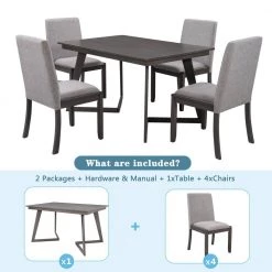 5-Piece Dining Set, Wood Rectangular Table with 4-Linen Fabric Chairs by JASMODER 14 5-Piece Dining Set, Wood Rectangular Table with 4-Linen Fabric Chairs by JASMODER -JASMODER Sales Store gray jasmoder dining room sets sh000133aae 4f 1000