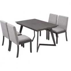 5-Piece Dining Set, Wood Rectangular Table with 4-Linen Fabric Chairs by JASMODER