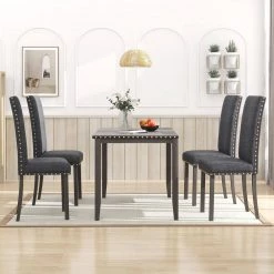 5-Piece Dining Table Set Farmhouse Rustic Wood for 4-Kitchen Table Set with 4-Upholstered Dining Chairs by JASMODER -JASMODER Sales Store gray jasmoder dining room sets sh000204aae 31 1000