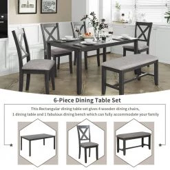 6-Piece Kitchen Dining Table Set Wooden Rectangular Dining Table 4-Dining Chair and Bench by JASMODER -JASMODER Sales Store gray jasmoder dining room sets st000013aae 44 1000