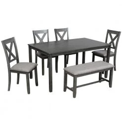 6-Piece Kitchen Dining Table Set Wooden Rectangular Dining Table 4-Dining Chair and Bench by JASMODER