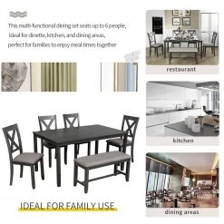 6-Piece Kitchen Dining Table Set Wooden Rectangular Dining Table 4-Dining Chair and Bench by JASMODER -JASMODER Sales Store gray jasmoder dining room sets st000013aae c3 1000