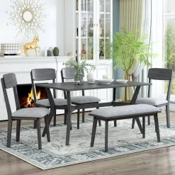 6-Piece Dining Table Set Mid-Century Style Wooden Dining Table and Chair with Bench by JASMODER -JASMODER Sales Store gray jasmoder dining room sets st000035aae 31 1000