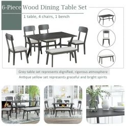 6-Piece Dining Table Set Mid-Century Style Wooden Dining Table and Chair with Bench by JASMODER -JASMODER Sales Store gray jasmoder dining room sets st000035aae 44 1000