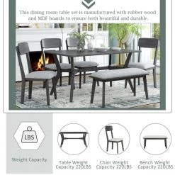 6-Piece Dining Table Set Mid-Century Style Wooden Dining Table and Chair with Bench by JASMODER -JASMODER Sales Store gray jasmoder dining room sets st000035aae c3 1000