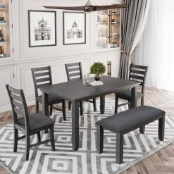 Wood Dining Room Table and Chairs with Bench, Rustic Wood Dining Set (Set of 6) by JASMODER -JASMODER Sales Store gray jasmoder dining room sets st000052aae 40 1000