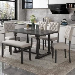 6-Piece Wood Dining Table and Chair Set with Special-Shaped Legs and Foam-Covered Seat Backs and Cushions by JASMODER -JASMODER Sales Store gray jasmoder dining room sets st000059aae 31 1000