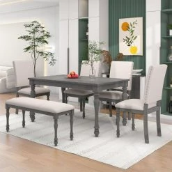 6-Piece Rectangle Gray Wood Top Dining Room Set, for Home or Commercial Use (Seats 6) by JASMODER -JASMODER Sales Store gray jasmoder dining room sets st000076aae 31 1000