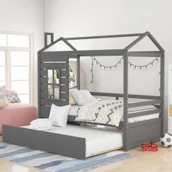 Twin Size House Bed Wood Bed with Twin Size Trundle ( Gray ) by JASMODER