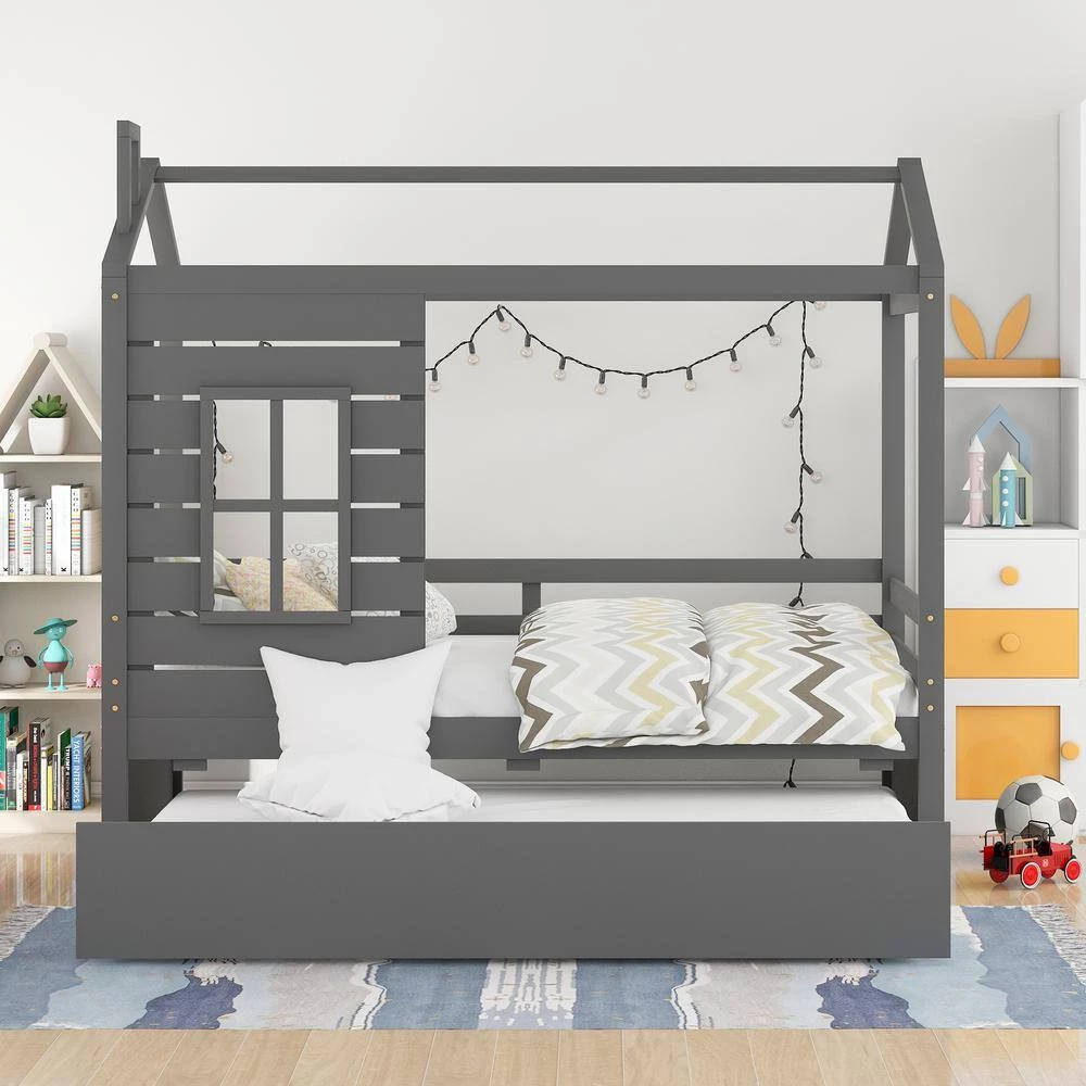 Twin Size House Bed Wood Bed with Twin Size Trundle ( Gray ) by JASMODER 4 Twin Size House Bed Wood Bed with Twin Size Trundle ( Gray ) by JASMODER - Image 2