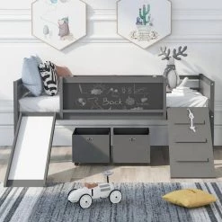 Twin size Loft Bed Wood Bed with Two Storage Boxes - Gray by JASMODER